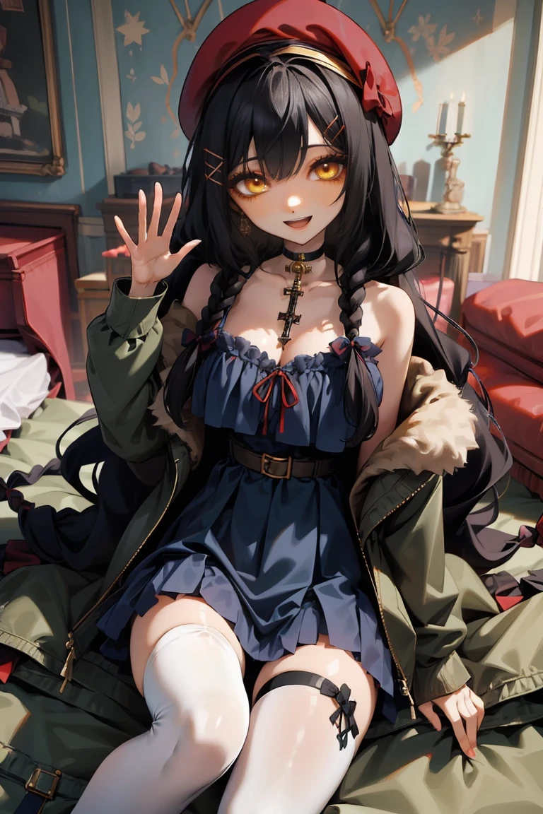 (masterpiece:1.2), (high quality:1.2), girls with((1girl, solo, black hair, yellow eyes, smiling, (wavy long hair, wearing a red beret, hairclips, braids:1.45), bare shoulder, blush, breasts, choker, cleavage, coat, cowboy shot, long dress, blue lace dress, camisole, ribbon waist belt, black ribbon belt, red bow, red ribbon, neck ribbon, collar, collarbone, rosary, rosary choker, cross, fur, fur trim, parka, khaki hoodie, green hoodie, khaki jacket, hood down, hooded coat, hooded jacket, hoodie, jacket, large breasts, long sleeves, medium breasts, open clothes, open coat,open hoodie, sleeveless, winter clothes, zipper, cleavage, upper body, hand up, waving, palm, white thighhighs, single thighhigh, exposed legs, exposed foots, left thighhigh, solo, legs, high heels, sittings)), background with((bedroom, room:2.0))