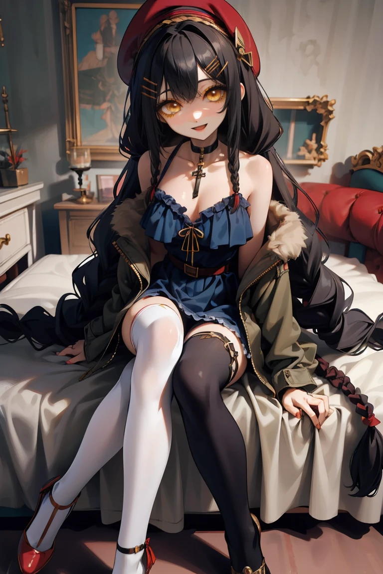 (masterpiece:1.2), (high quality:1.2), girls with((1girl, solo, black hair, yellow eyes, smiling, (wavy long hair, wearing a red beret, hairclips, braids:1.45), bare shoulder, blush, breasts, choker, cleavage, coat, cowboy shot, long dress, blue lace dress, camisole, ribbon waist belt, black ribbon belt, red bow, red ribbon, neck ribbon, collar, collarbone, rosary, rosary choker, cross, fur, fur trim, parka, khaki hoodie, green hoodie, khaki jacket, hood down, hooded coat, hooded jacket, hoodie, jacket, large breasts, long sleeves, medium breasts, open clothes, open coat,open hoodie, sleeveless, winter clothes, zipper, cleavage, upper body, hand up, waving, palm, white thighhighs, single thighhigh, exposed legs, exposed foots, left thighhigh, solo, legs, high heels, sittings)), background with((bedroom, room:2.0))