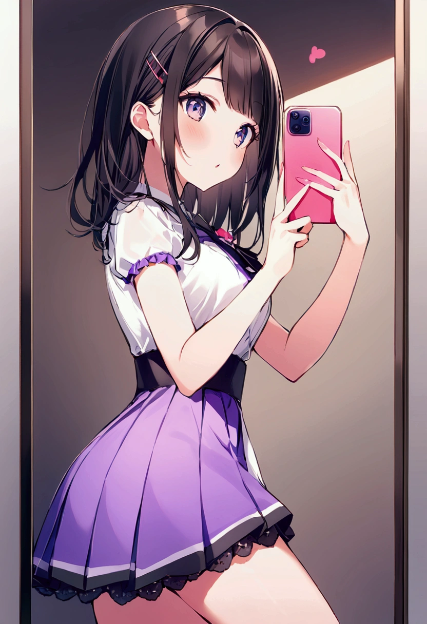 score_9, score_8_Excellent, score_7_Excellent,   Cowboy Shot, From the side,  One Girl, smartphone,  Selfie,  amount,  Hair Clip, Voice of the Heart, Black Hair, bangs,
,   