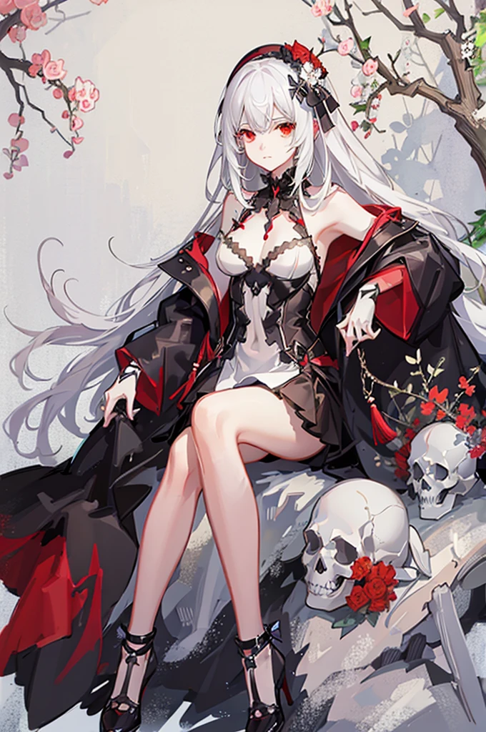 Anime girl, white hair, ((white skeleton)), red flower, illustration, 25 year old, bone, skull, ((bust-up)), red eyes, 