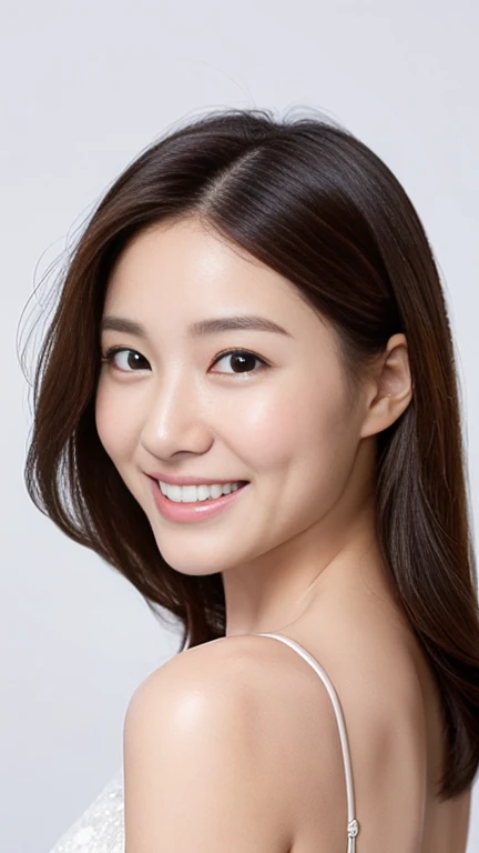 1 woman, white background, (Highly detailed body, very detailed face, top quality:1. year old woman), looking at viewer, A smile with visible teeth, I can&#39;t see her hands, (Hair in a ponytail with bangs:1.3), (Her thighs are very beautiful:1.3), (8 thousand:1.5), (Very large sagging breasts:1.4), (red panties:1.3), (glowing skin:1.4), red ribbon , slim abs, slim waist,
