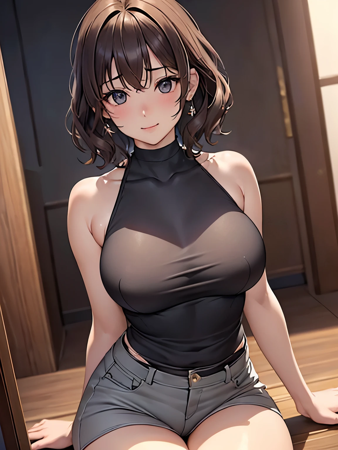 (Highest quality, High resolution,  Masterpiece, 4K), (Soft light、Luster of hair、Beautiful eyes)、young woman、The whole body is visible、Adorable smile、 ((Wavy medium short hair, bangs, Chestnut Hair)), ((Wistful eyes、Gray Eyes, Perfect Eyes)), ((Detailed face, blush:1.1)), ((Smooth texture:0.75, Realistic texture:0.65, Realistic:1.1, Anime CG Style)),Medium chest、Glamorous Body、(Sexy thighs、I see beautiful legs)、(Dark colored sleeveless top、hot pants),Earrings、Angle from the front、Peeking into this、The hem of the top is visible、Angle from below、Hot summer evening