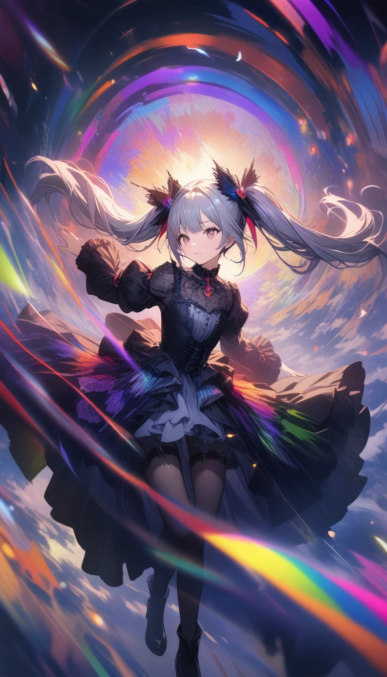 32K, Highest quality, 超High resolution, High resolution, 超High resolution, Highly detailed CG, unity 32K wallpaper, (One Girl),Gothic,Twin tails,Gray Hair, Organza Lace,Gorgeous and elaborate costumes,Gothic, Flight, green, (colorful), bold, Gradient Blend, Motion Blur, Shimmering texture, moving composition, Atmospheric perspective, Impressionism, , (masterpiece), (Highest quality), wonderful, (Beautiful details), (In detail), Written boundary depth, Extremely detailed CG, original, Highly detailed wallpaper, (Vibrant colors), Cinema Lighting, (colorful), blush,