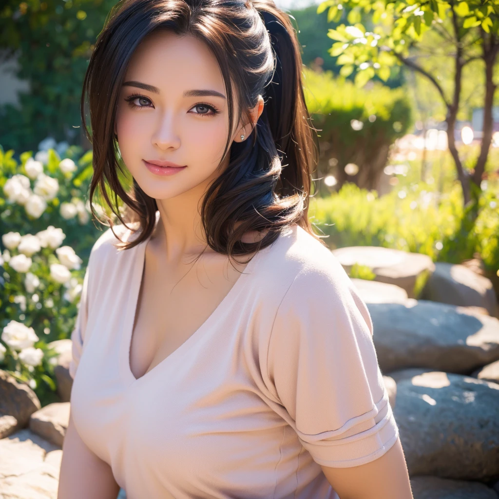 a gorgeous milf with rosy cheeks, smiling shyly, medium length hair in ponytail, casual sexy outfit, lover, outdoor, dating, intimate, detailed face, beautiful eyes, lush lips, intricate hairstyle, warm lighting, soft focus, photorealistic, cinematic composition, romantic atmosphere, (best quality,4k,8k,highres,masterpiece:1.2),ultra-detailed,(realistic,photorealistic,photo-realistic:1.37),HDR,UHD,studio lighting,ultra-fine painting,sharp focus,physically-based rendering,extreme detail description,professional,vivid colors,bokeh,portrait