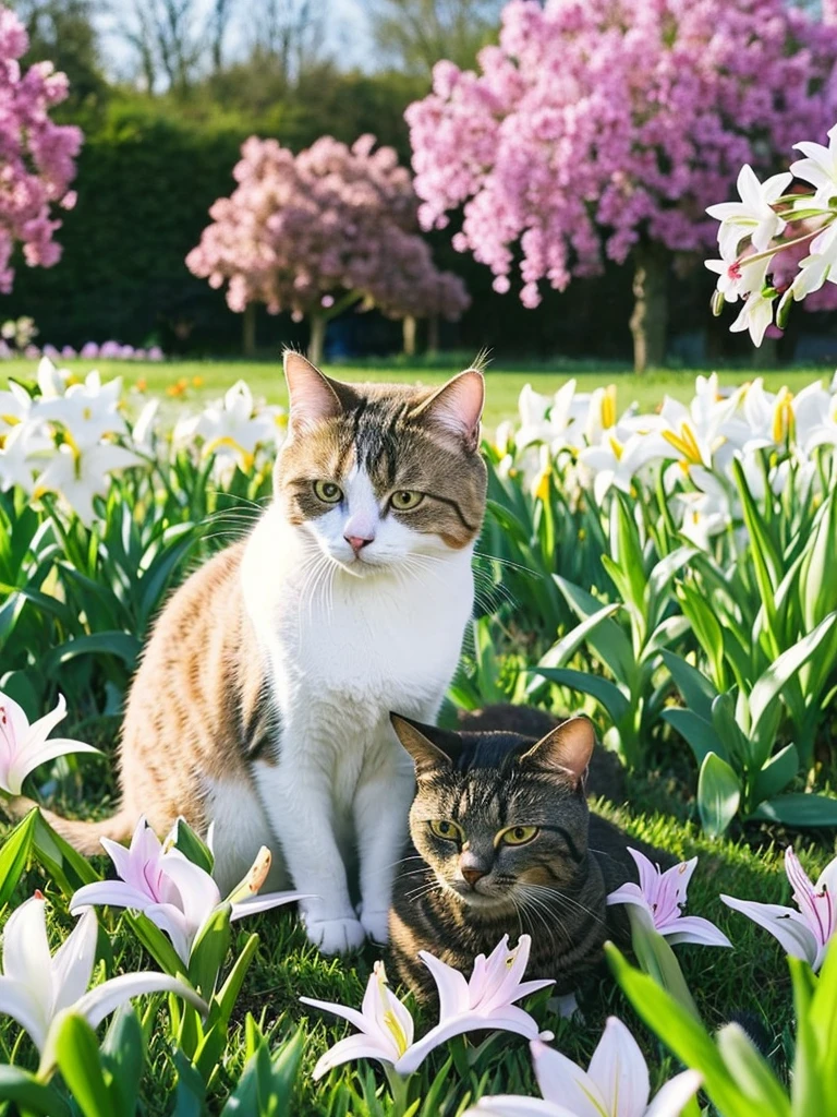 there is a cat that is sitting in the grass with a cat, cats and plants, two cats, cats sleeping, they are close to each other, in a field of flowers, hyacinth blooms surround her, lilies and daffodils, flowers on heir cheeks, very calm and wholesome, spring time, aww, cute cats, r/aww, flowers covering eyes