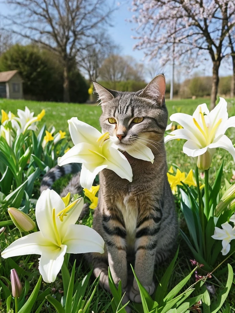 there is a cat that is sitting in the grass with a cat, cats and plants, two cats, cats sleeping, they are close to each other, in a field of flowers, hyacinth blooms surround her, lilies and daffodils, flowers on heir cheeks, very calm and wholesome, spring time, aww, cute cats, r/aww, flowers covering eyes