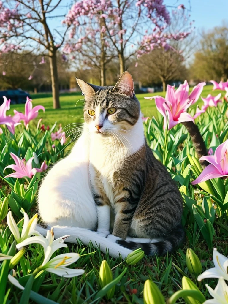 there is a cat that is sitting in the grass with a cat, cats and plants, two cats, cats sleeping, they are close to each other, in a field of flowers, hyacinth blooms surround her, lilies and daffodils, flowers on heir cheeks, very calm and wholesome, spring time, aww, cute cats, r/aww, flowers covering eyes