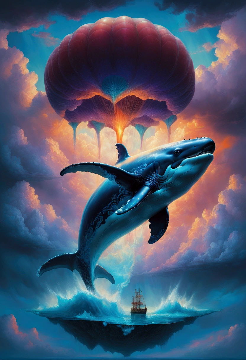 Flying Whale, Winged Whale, A giant whale flying through the sky, extremely detailed whale, glowing whale body, ethereal whale, whale surrounded by clouds, dramatic lighting, cinematic angle, fantasy landscape, vibrant colors, epic, mystical, ethereal, surreal, masterpiece, best quality, very aesthetic, absurdres