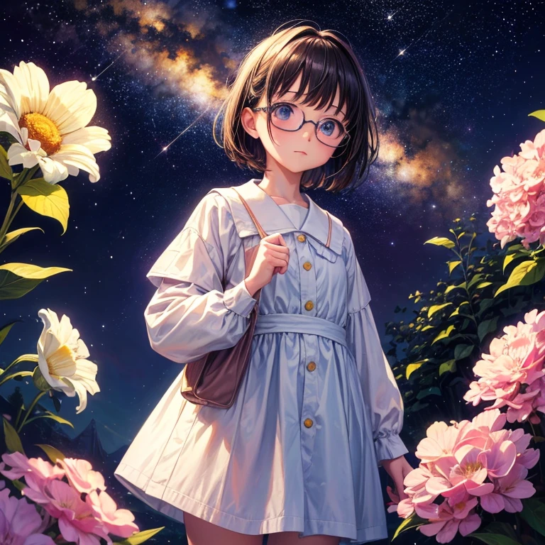 Close-up, Anime little girl wearing white glasses , standing on land,Night view ,There are many stars in the night sky,Milky Way ,Colorful flowers,Headshot close-up, oil painting style, Very obvious oil painting strokes, impressionist color palette style, 32k UHD, fair, tomorrow, early years, Color cartoon - AR 3:4——