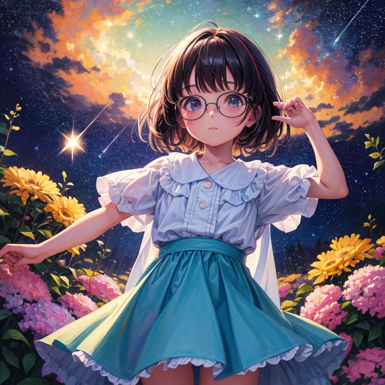 Close-up, Anime little girl wearing white glasses , standing on land,Night view ,There are many stars in the night sky,Milky Way ,Colorful flowers,Headshot close-up, oil painting style, Very obvious oil painting strokes, impressionist color palette style, 32k UHD, fair, tomorrow, early years, Color cartoon - AR 3:4——
