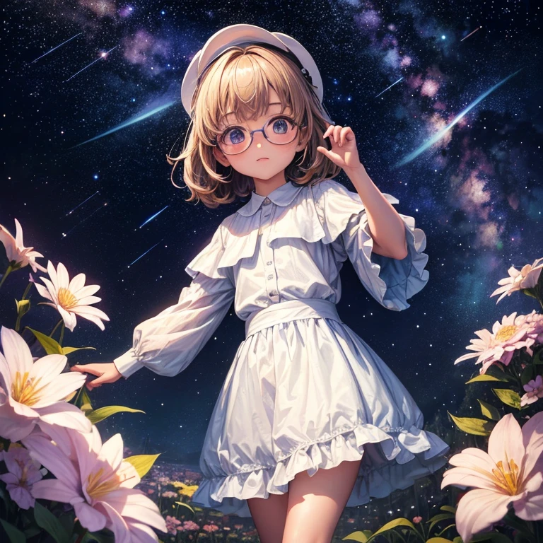 Close-up, Anime  wearing white glasses , standing on land,Night view ,There are many stars in the night sky,Milky Way ,Colorful flowers,Headshot close-up, oil painting style, Very obvious oil painting strokes, impressionist color palette style, 32k UHD, fair, tomorrow, early years, Color cartoon - AR 3:4——