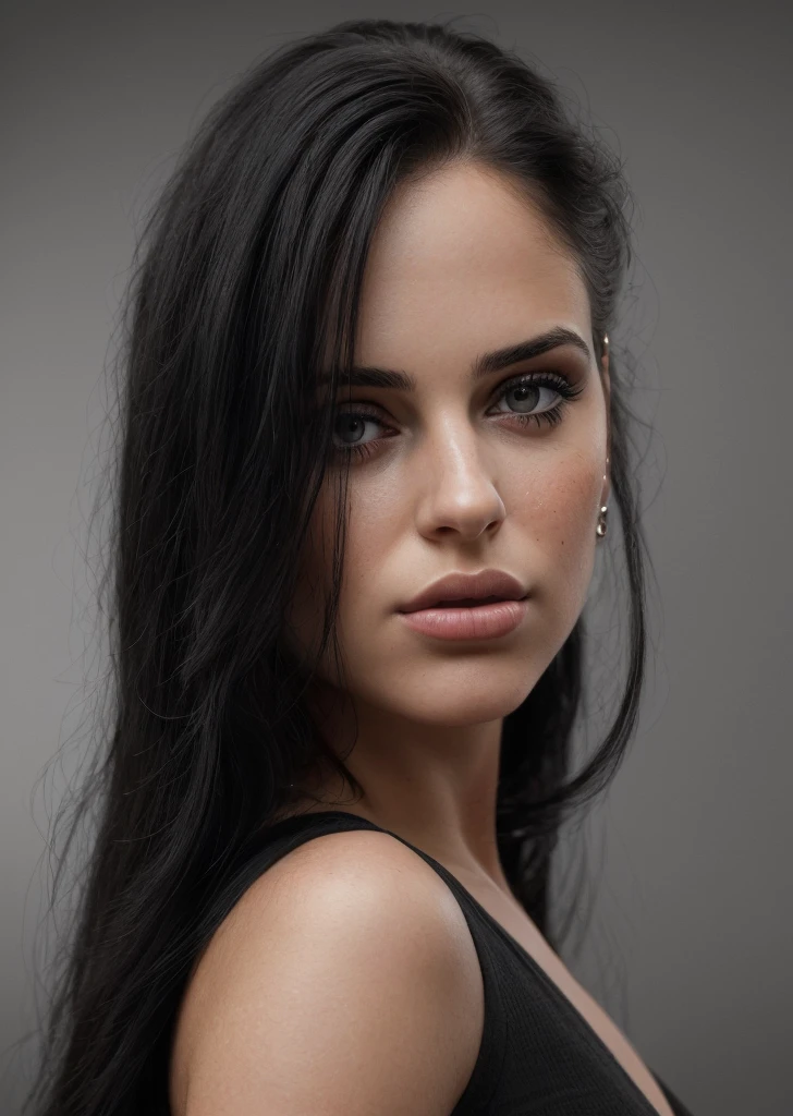 A young Latina woman with long black hair, detailed face, piercing eyes, full lips, no expression, front view, studio lighting, white background, (best quality,4k,8k,highres,masterpiece:1.2),ultra-detailed,(realistic,photorealistic,photo-realistic:1.37),portrait,dramatic,moody,cinematic