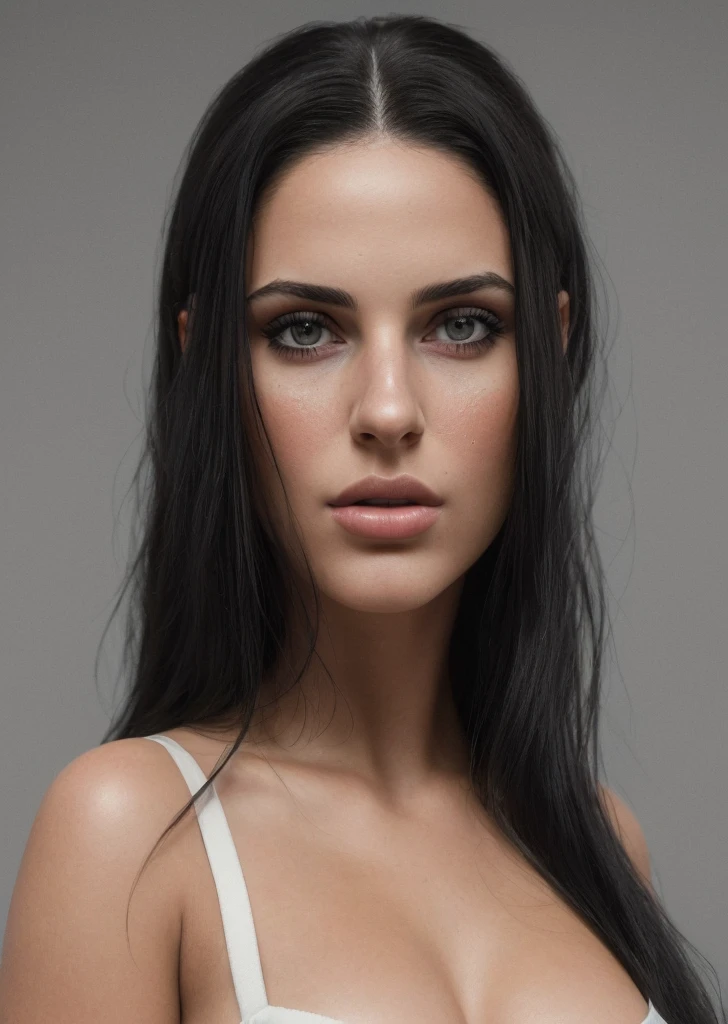 A young Latina woman with long black hair, detailed face, piercing eyes, full lips, no expression, front view, studio lighting, white background, (best quality,4k,8k,highres,masterpiece:1.2),ultra-detailed,(realistic,photorealistic,photo-realistic:1.37),portrait,dramatic,moody,cinematic