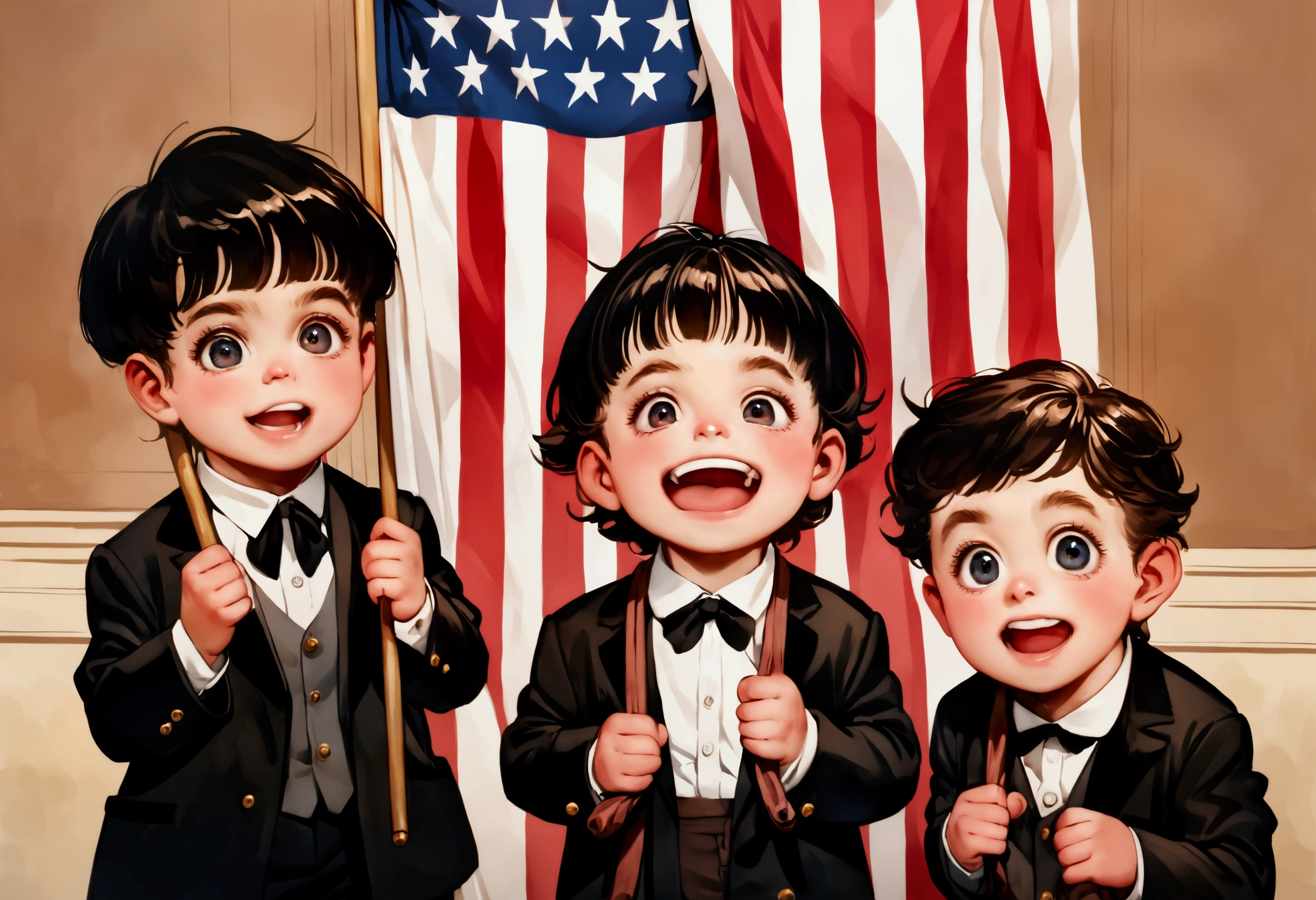 Classic TV, the little rascals, playfully hold up a MAGA banner, An american flag in the background