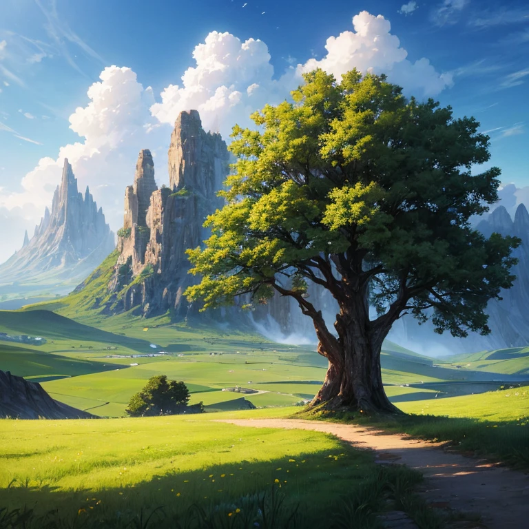 concept art,concept art,Samia, tree, landscape, cloud, outdoor, sky空, sky, Mountain, Grass, nature, MKSK style, best quality, perfect