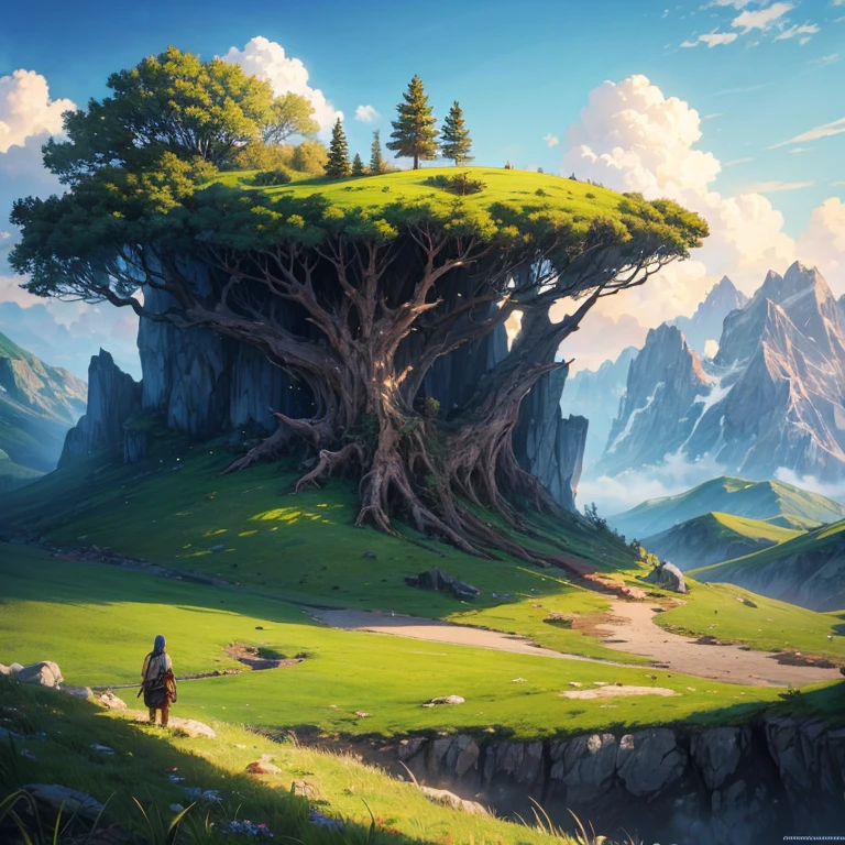 concept art,concept art,Samia, tree, landscape, cloud, outdoor, sky空, sky, Mountain, Grass, nature, MKSK style, best quality, perfect