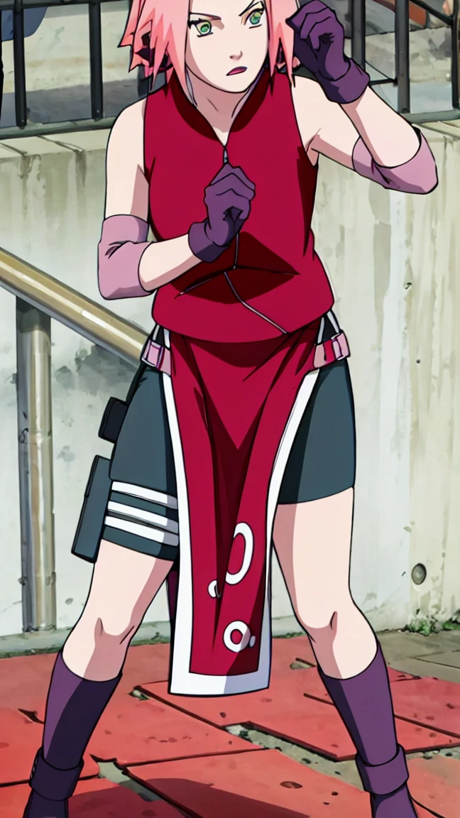 Sakura Haruno, Sakura Shippuden, open shirt,Unbuttoned, Split in the middle of the shirt, Sleeveless, Masterpiece, 1 woman, green eyes, condescending, elbow covers, black gloves, full body,Leg kick,Raise your legs.