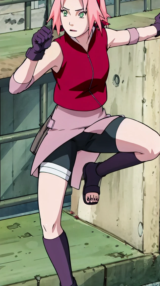 Sakura Haruno, Sakura Shippuden, open shirt,Unbuttoned, Split in the middle of the shirt, Sleeveless, Masterpiece, 1 woman, green eyes, condescending, elbow covers, black gloves, full body,Leg kick,Raise your legs.