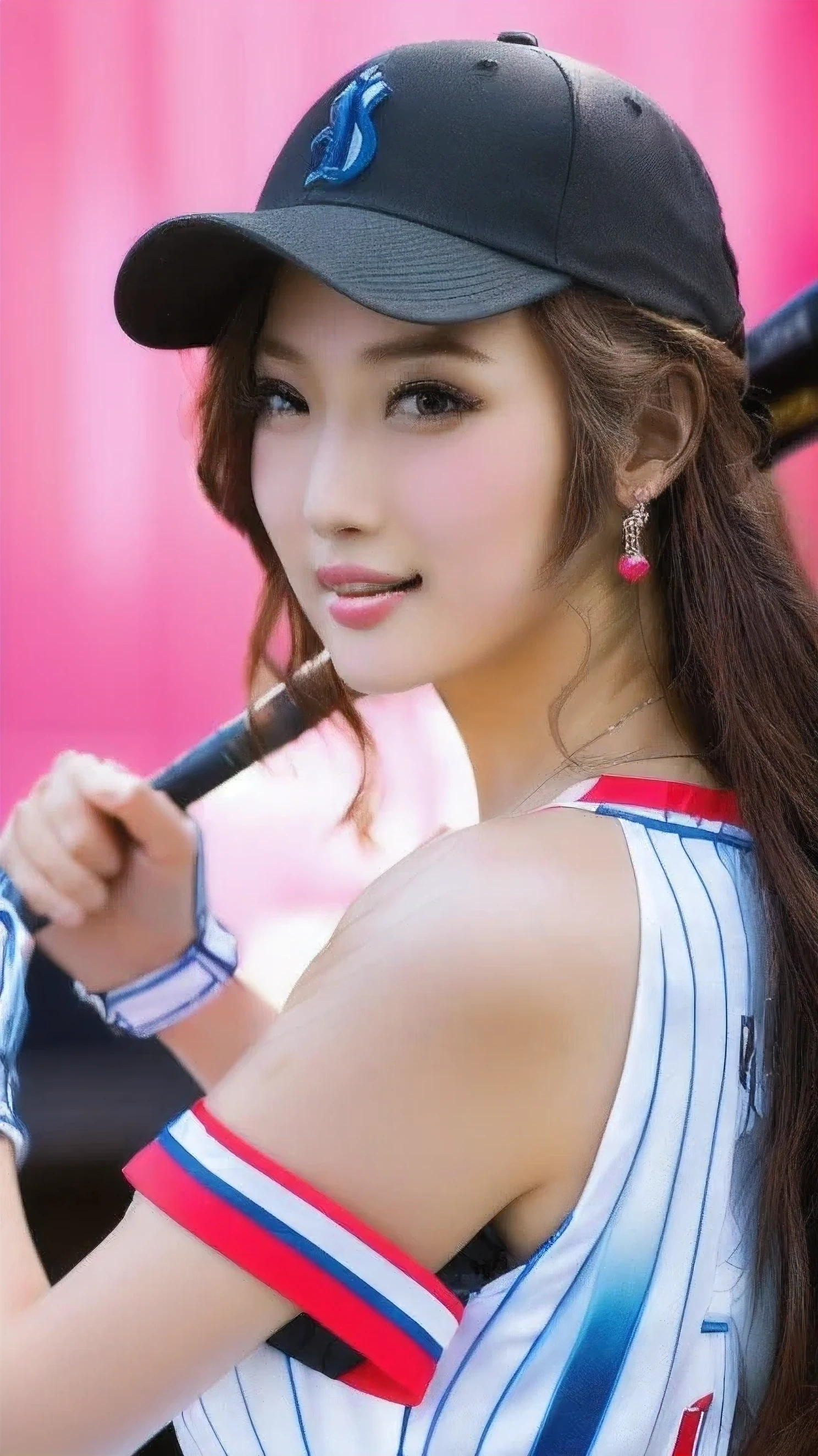 ((best quality)), ((masterpiece)), (detailed), 1girl, sexly, Professional Lighting。sexlyな若い女性、Ready to hit the ball at a batting cage。Wear a helmet。A beautiful swing like a professional baseball player。Wearing a vertical striped baseball uniform。19 years old、Fair skin、Black Hair、,((Highest quality)), ((masterpiece)), (detailed), One girl, sexly、Fair skin、Height: 173ｃｍ、Long limbs、Healthy sex appeal、Generous smile