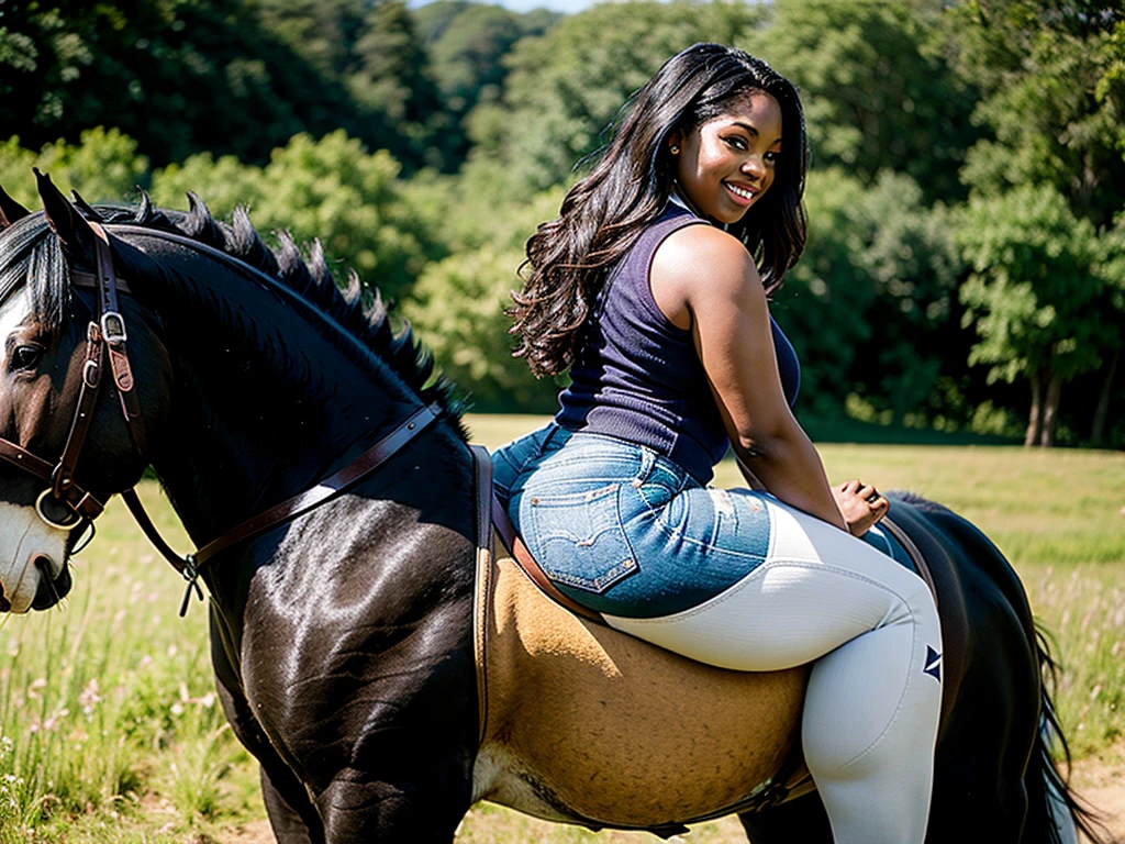 full side  view of a very full-figured  BBW woman ((riding a big draft horse):1.2), booty shorts, jeans, yellow tank top,  long hair, smiling, dark skin, . shallow depth of field, highly detailed, high budget, bokeh,  moody, epic. grass meadow. ((cartoon style):1.3). anatomically correct.