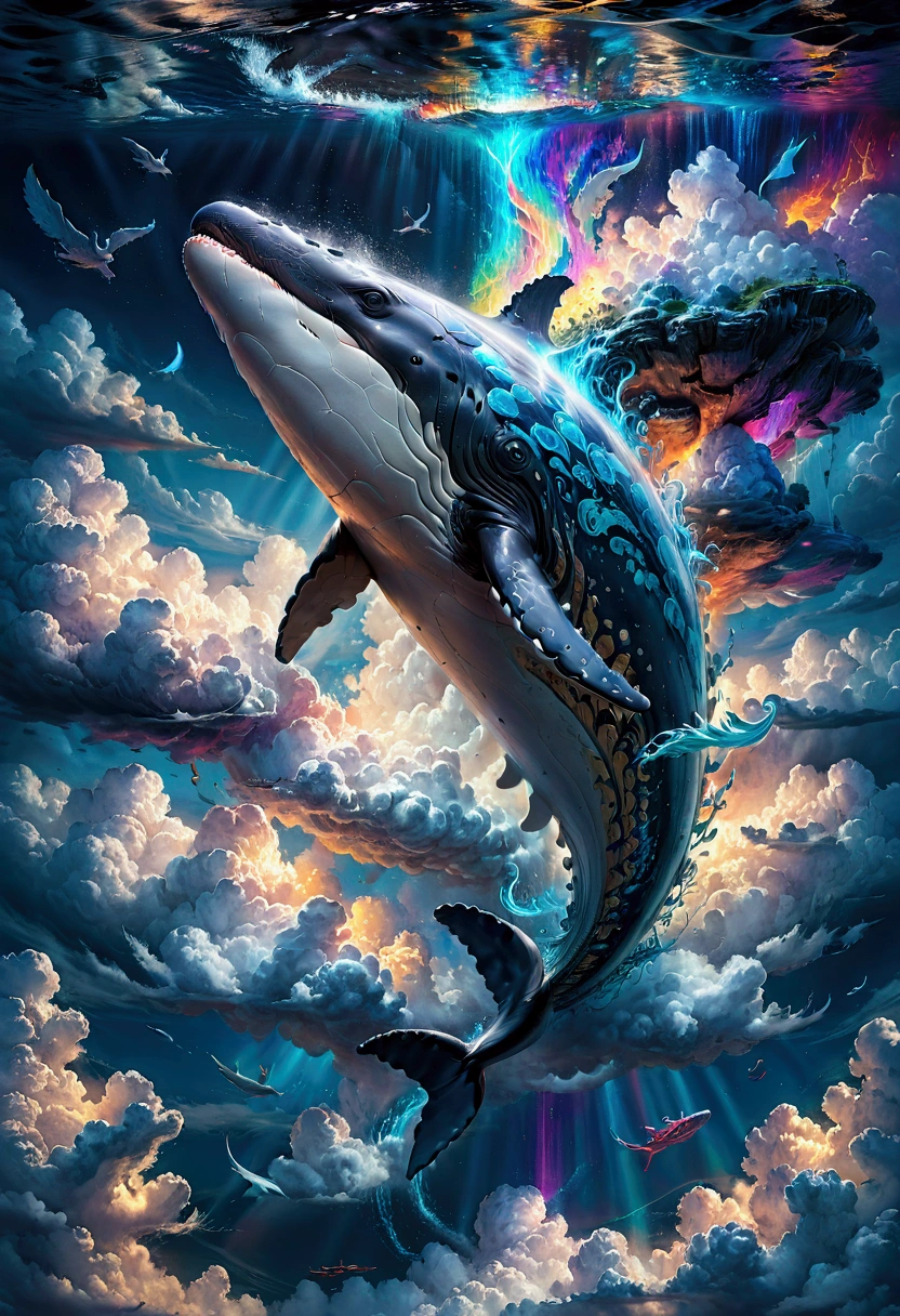 Flying Whale, Winged Whale, A giant whale flying through the sky, extremely detailed whale, glowing whale body, ethereal whale, whale surrounded by clouds, dramatic lighting, cinematic angle, fantasy landscape, vibrant colors, epic, mystical, ethereal, surreal, masterpiece, best quality, very aesthetic, absurdres