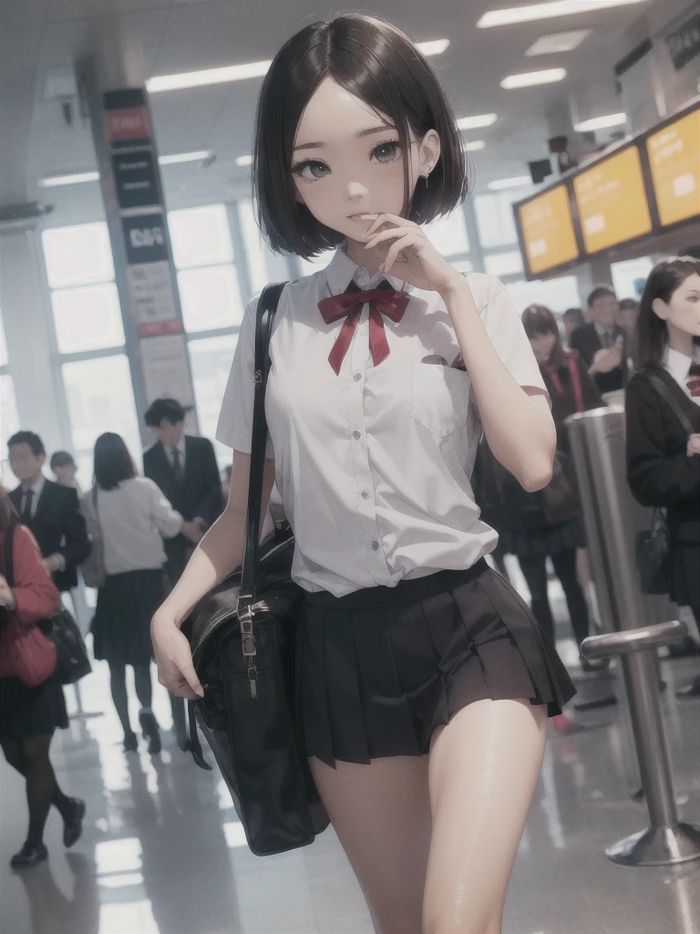 ((Best of the highest quality, 8k, Masterpiece, raw photo: 1.1)), (Sharp focus: 1.1), (1 AESPA, slim body type female, 22 y/o: 1.1), solo, face focus, finely small eyes, (forehead, short bob hair: 1.32), (sharp chin, droopy eyes: 1.32), (sad eyes: 1.1), (Emphasize prominent aegyo-sal with bright: 1.28), shimmering eyeshadow applied under the lower lash line, paired with thick, (small breasts, flat chest, thigh: 1.2), (short bob hair: 1.2), (school uniform, ribbon: 1.28), walking airport terminal, flower, anime