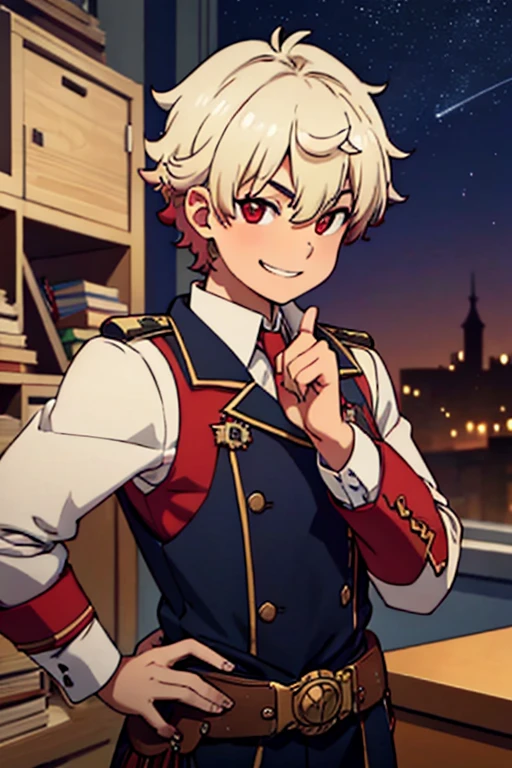 Perfect face. Perfect hands. A young white haired man with red eyes in a Gothic sheriff's uniform is watching the stars in a wild west town with a big smile
