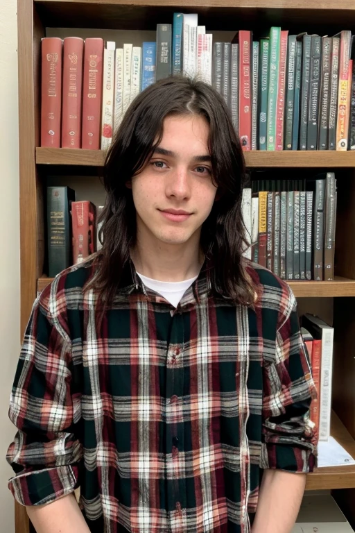 16 year old boy, medium long, black messy hair, brown almond eyes, pale skin, e-boy wearing a red plaid blouse looking like a ager, cute with the background is a bookcase , holding a red covered book, He is tall, rocker, Grinning