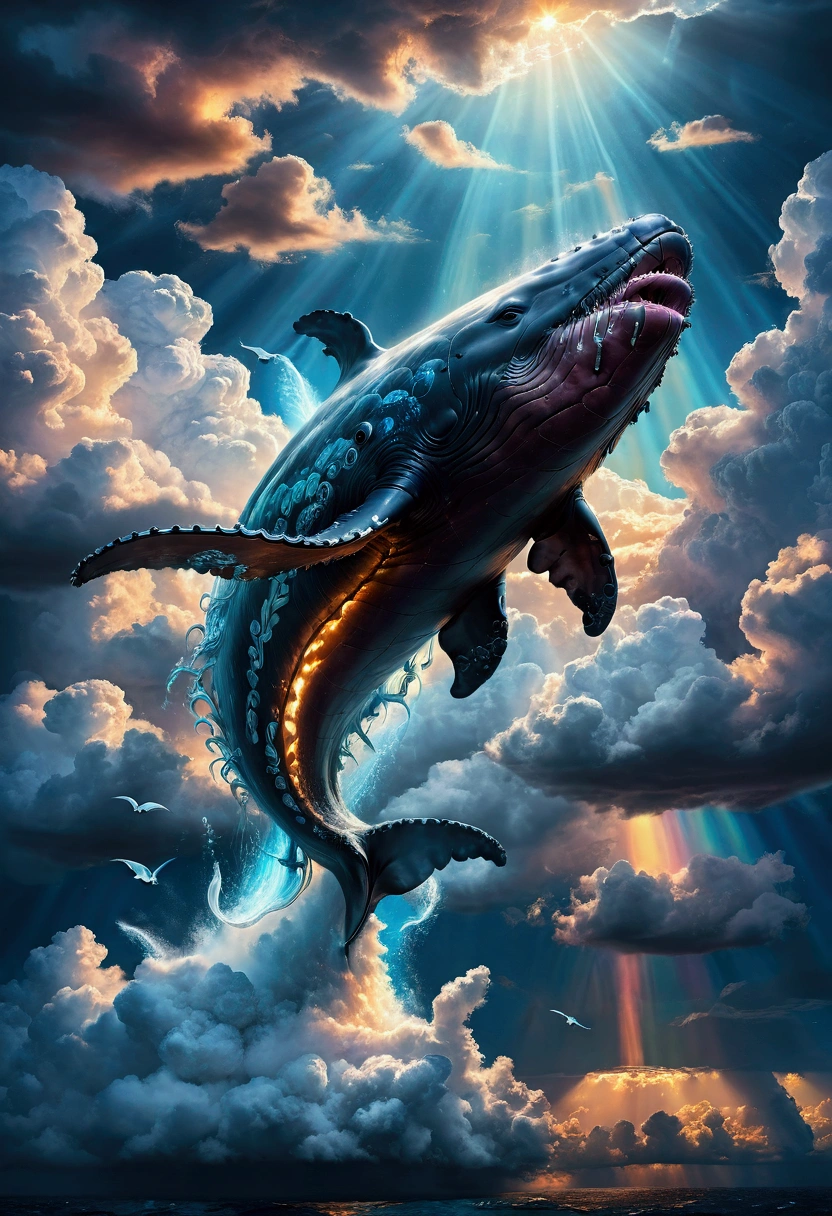 Flying Whale, Winged Whale, A giant whale flying through the sky, extremely detailed whale, glowing whale body, ethereal whale, whale surrounded by clouds, dramatic lighting, cinematic angle, fantasy landscape, vibrant colors, epic, mystical, ethereal, surreal, masterpiece, best quality, very aesthetic, absurdres