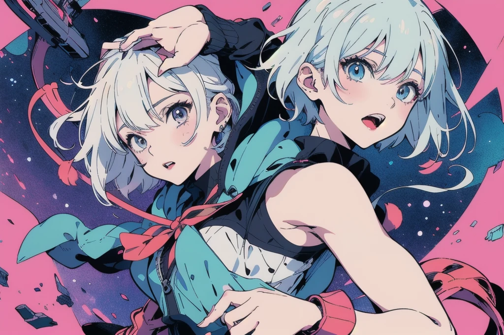 Anime characters wearing princess dresses, best anime 4k konachan wallpapers, SSSS.Grid Man, Key anime art, offcial art, Key points, Anime style 4k, Detailed key animation art, style of ssss.Grid Man (2018), 2 d anime style, Illustrations by Shigenori Soejima, Anime cute art style,blue and violet,girl with short white hair,Dancing anime characters