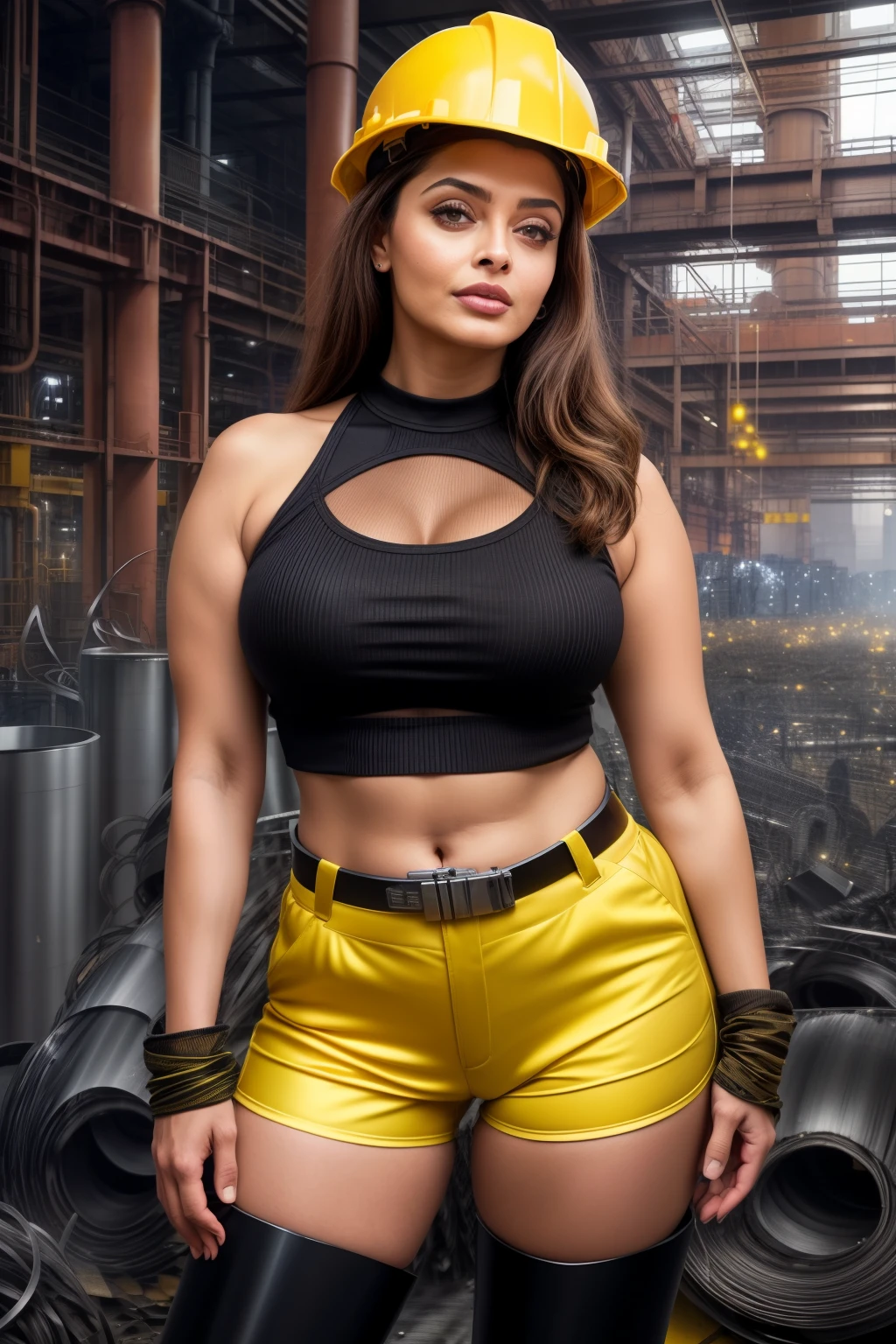 Full body photo of SEXY 50YO MATURE MILF AISHWARYA RAI as FACTORY WORKER, (ponytail tied hair), ((black shorts and micro top)), ((yellow safety helmet)), ((boots)), (((surrounded FACTORY WORKERS in ((CROWDED STEEL FACTORY)) on 4th of July))), day scene, fit curvaceous mature hourglass figure, look straight at camera, sexy 50 yo mature MILF, soft volumetric lights, intricate details, (ArtStation:1.2)