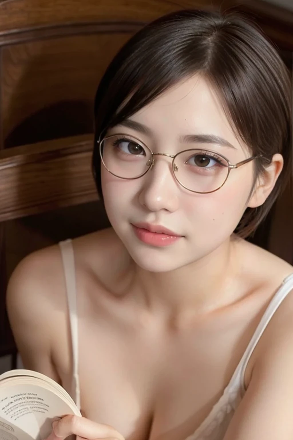 (natural lighting:1.3), alone, One girl, masterpiece, Highest quality, Very detailed, Intricate details, High resolution, Official Art, Beautifully detailed face and eyes, High resolution, 8k, Dark intense shadows, Exposure, (Glasses:1.2), Sitting in a chair, Upper Body, small Breasts, (naked, nude:1.3), Book stack, library, Rose, Looking at the audience, (short cut hair:1.2)