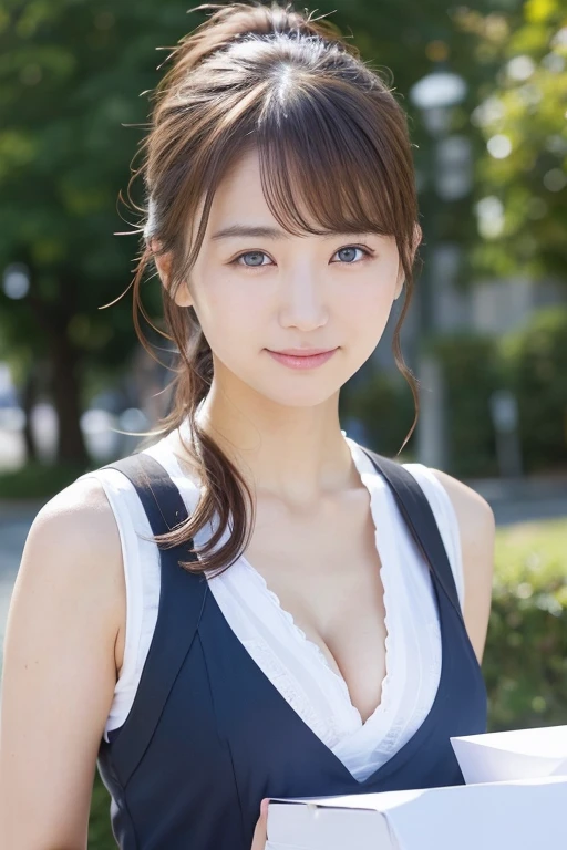 You are a professional photographer。masterpiece、8K、Highest quality, Soft Light, Ultra-high resolution, (Realistic:1.4), RAW Photos,27 years old 1 Japanese girl, alone, cute、(pupil, Light in your eyes), Beautiful face in every detail, (Small box),(High resolution detail of human skin texture)、Mail delivery 、Wear a post office uniform、deliver a letter、post office,Delivery by bicycle、(Portraiture)、Cleavage