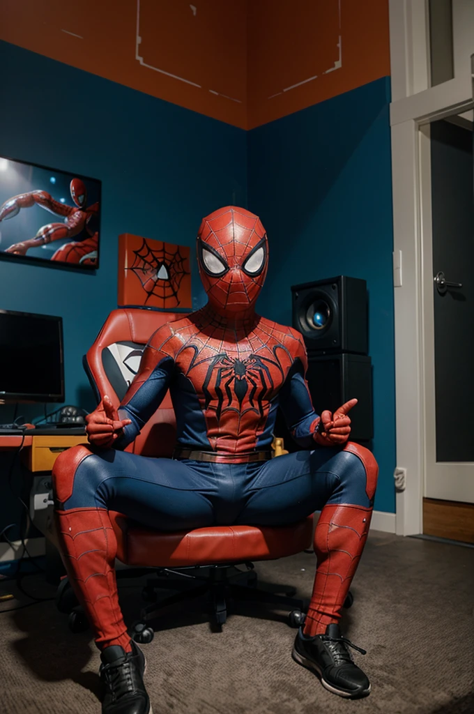 A young Indonesian boy, 6, sits proudly in his gaming chair, clad in a full Spiderman costume. The boy's face lights up with excitement as he grips his controller, ready to embark on virtual adventures. Behind him, a large Spiderman poster adorns the wall, while a computer monitor displays a captivating Spiderman game. The room's walls are painted in vibrant shades of red and blue, completing the immersive superhero theme
