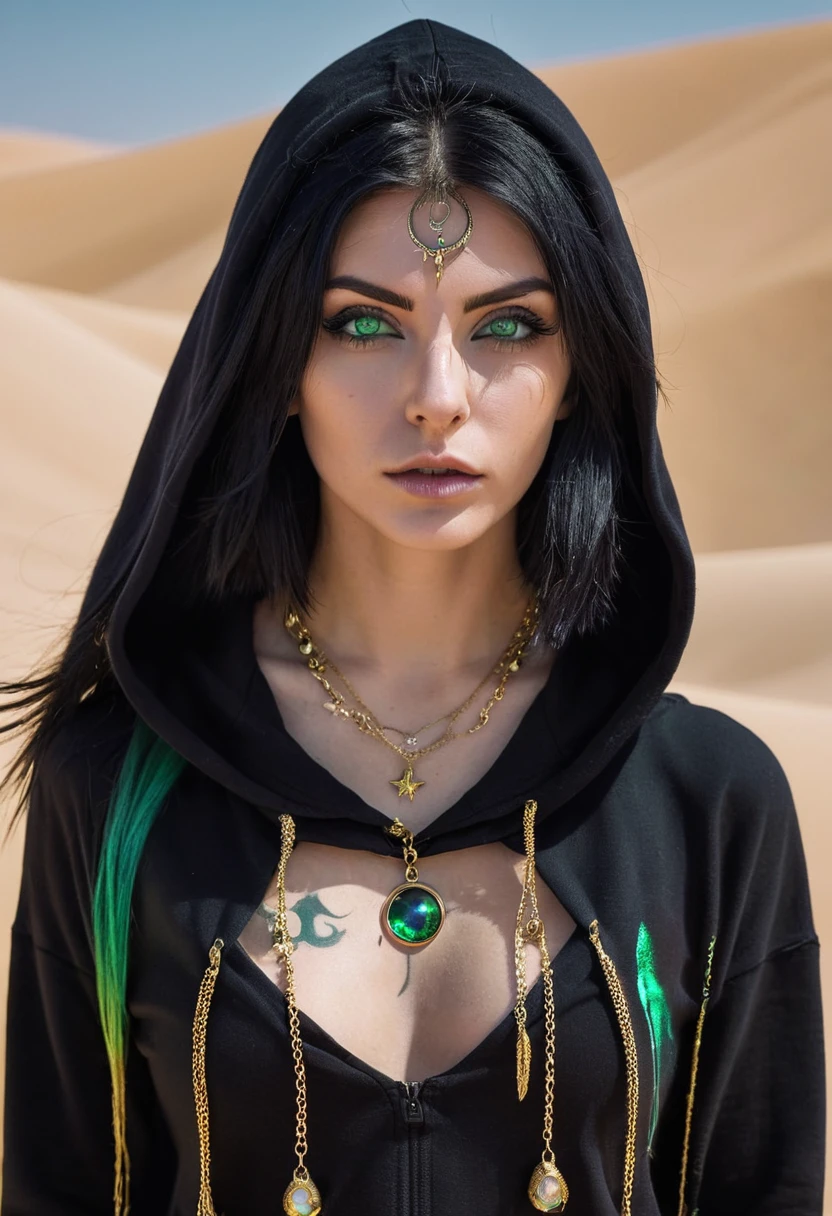 witch of the desert, Black hoodie, green eyes, black hair, black outfit, eye tattoo under collarbone, gold jewelry, In Polnyts Growth