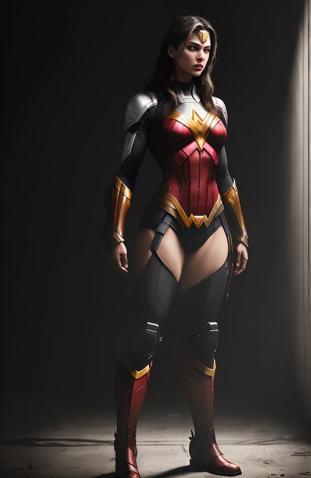 ((Full body photo, standing, on the ground)) (dark shot: 1.1), epic realistic, Wonder Woman Red Lantern from DC, yellow gradient, black, brown and magenta color scheme, grunge aesthetics!!! graffiti tag wall background, art by Greg Rutkowski and artgerm, soft cinematic light, Adobe Lightroom, darkroom, HDR, intricate, highly detailed, (depth of field: 1.4), faded, (neutral colors: 1.2), (hdr: 1.4), (muted colors: 1.2), hyper-detail (artstation: 1.4), cinematic, warm light, dramatic light (complex details: 1.1)