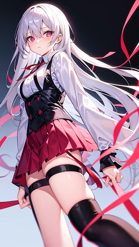 Long silver hair, reddish pink eyes, medium breasts, slim body, cool, white shirt, black mini quilted skirt, ribbon tie