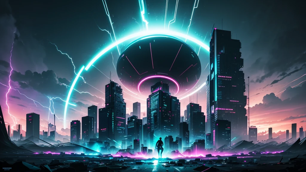 Design a captivating YouTube banner for 'DJ Energy' with a dark, apocalyptic theme. The background should feature a crumbling cityscape at dusk, with remnants of buildings silhouetted against a dark, stormy sky. Neon lights in electric blue and neon green should pierce through the darkness, casting an eerie glow over the scene. In the foreground, place a DJ deck with glowing controls, where vibrant sound waves and music notes in neon colors radiate outward, creating a sense of motion and energy. 'DJ Energy' should be written in bold, futuristic font with neon green accents, slightly cracked and weathered to match the apocalyptic setting. Include subtle, abstract lightning bolts around the text to emphasize the energetic theme. The overall atmosphere should be dark, electrifying, and visually striking, perfectly capturing the essence of an EDM DJ in a post-apocalyptic world.