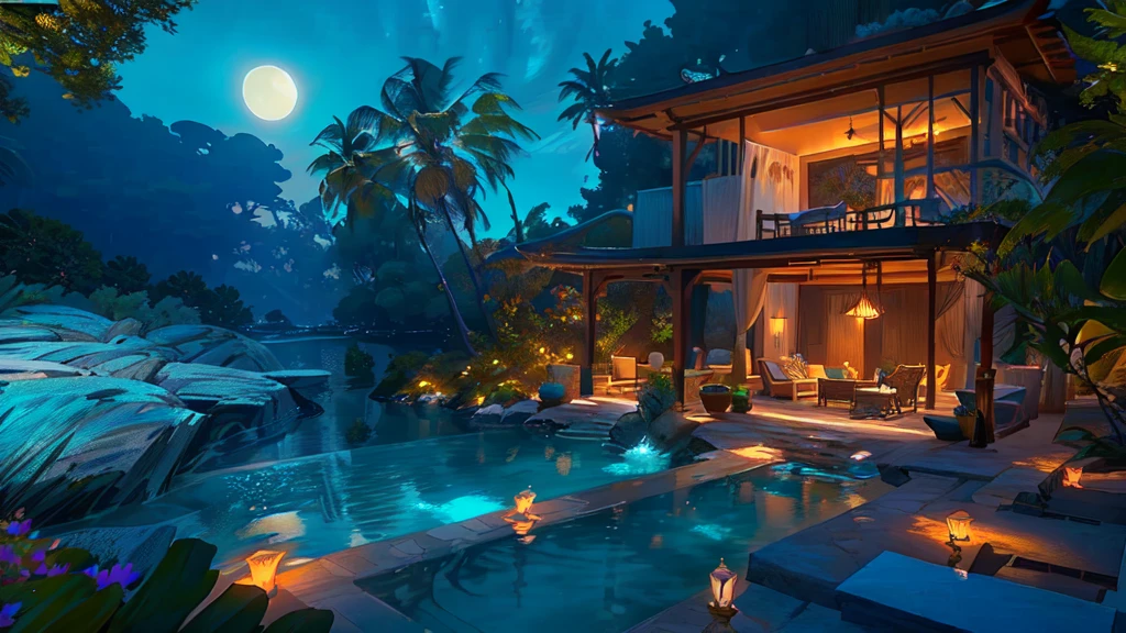 a view of a pool and a beach at night with a full moon, beautiful detailed scene, paradise in the background, moonlit night dreamy atmosphere, relaxing environment, blue moon ray tracing, luxurious environment, summer unreal engine 5, relaxing atmosphere, peaceful ambience, serene evening atmosphere, epic and stunning, beautiful rendering, next to a tropical pool, beautiful place