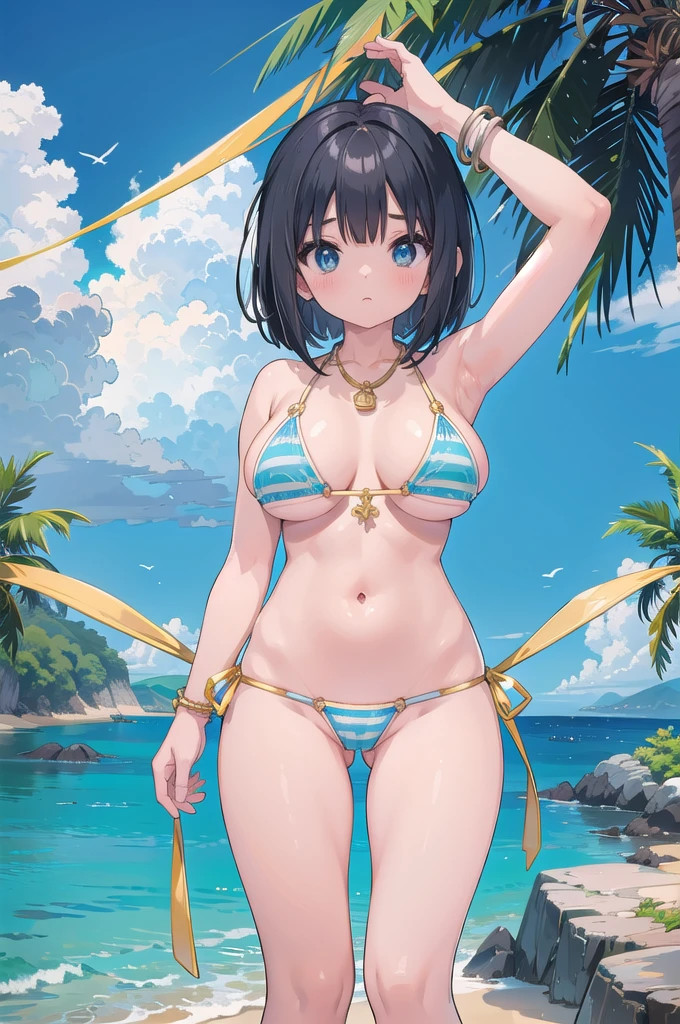 nsfw、Standing with hands behind back、Big Breastature adult woman、Toned body、Six Pack、8 heads、Beautiful feet、(Details、Slanted Eyes)、Ocean辺、(((solo)))、(((Big Breasts)))、(Blue and white striped micro mini bikini、Blue and white striped Brazilian bikini、Gold Necklace、Gold Bracelet)。Legs wide open、Crotch wide open、Blue and white striped micro bikini panties exposed、Cameltoe、Exposing the crotch、(Black hair medium bob)、Masterpiece highest quality high resolution、Ocean、beach、As if looking up from below、Embarrassing、nsfw、Gold glitter Brazilian bikini、Cameltoe