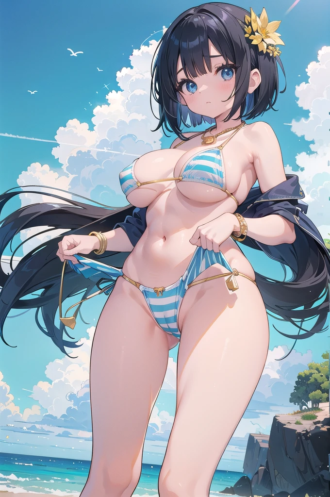 nsfw、Standing with hands behind back、Big Breastature adult woman、Toned body、Six Pack、8 heads、Beautiful feet、(Details、Slanted Eyes)、Ocean辺、(((solo)))、(((Big Breasts)))、(Blue and white striped micro mini bikini、Blue and white striped Brazilian bikini、Gold Necklace、Gold Bracelet)。Legs wide open、Crotch wide open、Blue and white striped micro bikini panties exposed、Cameltoe、Exposing the crotch、(Black hair medium bob)、Masterpiece highest quality high resolution、Ocean、beach、As if looking up from below、Embarrassing、nsfw、Gold glitter Brazilian bikini、Cameltoe