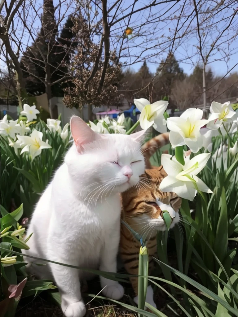 there is a cat that is sitting in the grass with a cat, cats and plants, two cats, cats sleeping, they are close to each other, in a field of flowers, hyacinth blooms surround her, lilies and daffodils, flowers on heir cheeks, very calm and wholesome, spring time, aww, cute cats, r/aww, flowers covering eyes