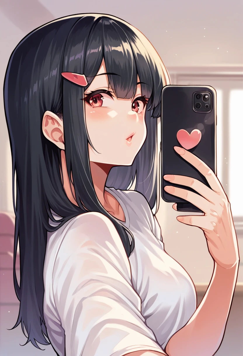 score_9, score_8_Excellent, score_7_Excellent, Cowboy Shot, From the side, One Girl, smartphone, Selfie, amount, Hair Clip, Voice of the Heart, Black Hair, bangs,
,