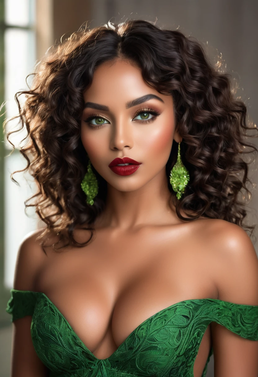 Woman wore red dress torn in flames. Completely Arafed woman with green eyes, eyes open and head held high. Confident pose, confident pose, beautiful young black woman with dark skin, Brazilian mixed race black woman, beautiful 30 year old Afro-Latina girl, beautiful African and Latin woman, Brazilian and Angolan descent, a black woman, mixing African and indigenous features, a unique mix of indigenous, African and European ebony. The hair is extremely curly, with well-defined and voluminous curls. The natural texture. Her hair is long, falling in voluminous waves around her shoulders and down her back. The hair has a lot of volume, creating a full, dense appearance. The hair is red, a shade of red. green eyes, eye is green, expressive green eyes, beautiful green eyes, realistic green eyes, detailed green eyes (eyeliner, long eyelashes). Perfect eyebrows and they are thick. the nose is small and proportional, beautiful face. Attractive and irresistible mouth, well-defined lips, full lips, voluminous lips, seductive lips. The face is oval, with high cheekbones and a well-defined chin, a beautiful and detailed face. Professional, dramatic makeup, a more impactful look with shadows that accentuate the captivating look, striking makeup, with eyeliner, black lipstick. Skin tone: Olive skin, healthy and even glow, with olive skin, dark skin, sexy girl with olive skin, detailed skin texture, beautiful and glowing skin, intricate details, smooth skin, healthy and radiant appearance. A woman has a well-defined and athletic body. Her silhouette is shapely, highlighting a thin waist in contrast to fuller hips and bust. She has a prominent bust, with large, firm breasts, silicone breasts, voluminous breasts. Thin waist. The hips are wide and well-defined, with a pronounced hourglass shape and a large butt. The legs are long and muscular, with well-defined thighs. 50 mm lens, f/2.8, hdr, (8K) RAW photo, high quality resolution 8K uhd, dslr, 2k, 4K, 8K, 16K.