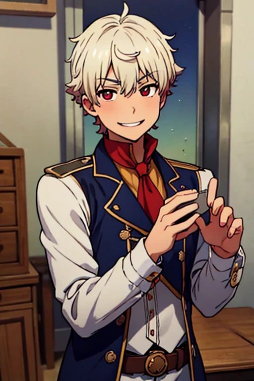 Perfect face. Perfect hands. A young white haired man with red eyes in a Gothic sheriff's uniform is watching the stars in a wild west town with a big smile
