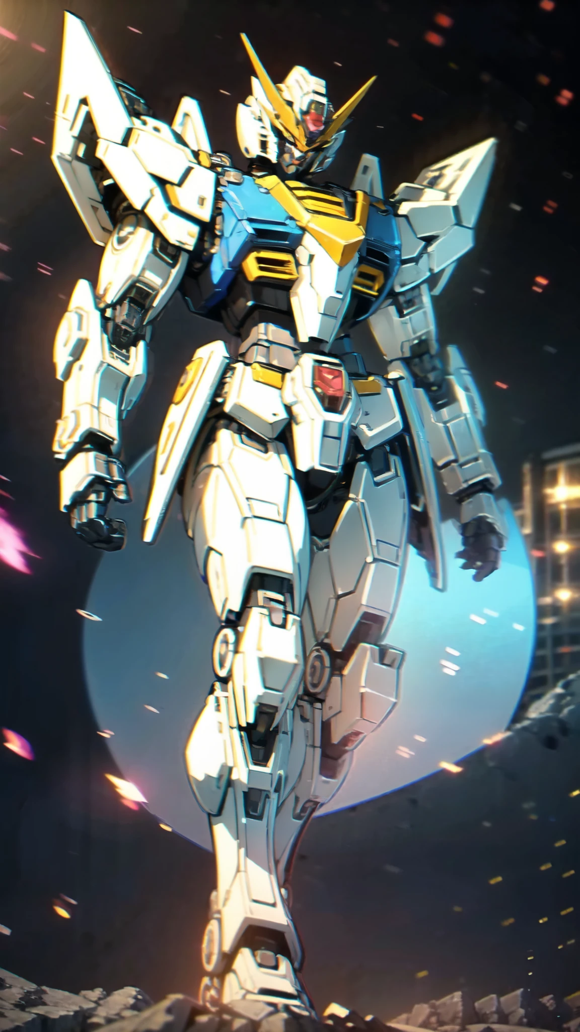 (masterpiece:1.5, best quality:1.5, extremely delicate:1.5), humanoid Mecha, fully enclosed shoulder guards, matching arm and leg guards, full body, full armor, the design balances heavy with agility, (the color scheme is primarily white with red and blue accents, the concept Inspired by Super robot, organic biotech armor, standing, floating high above the futuristic sci-fi city), exquisite and mature art style, (aura effect, energy, glowing eyes, the armor glows), metallic, dramatic, high definition, highres, ultra-detailed, ultra-fine painting, professional, perfect body proportions, anatomically correct, symmetrical face, extremely detailed eyes and face, high quality eyes, creativity, RAW photo, UHD, 32k, Natural light, cinematic lighting, masterpiece-anatomy-perfect
