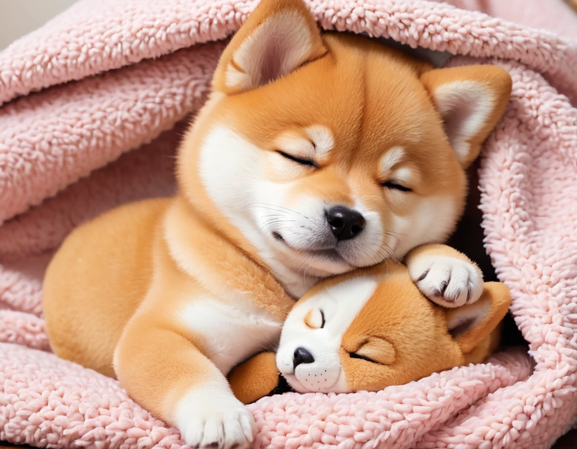 A Shiba Inu puppy, tired from playing, taking a nap snuggled up to a stuffed animal and a blanket。The sight of her sleeping defenselessly、The sight of the little body curled up is very soothing.。
