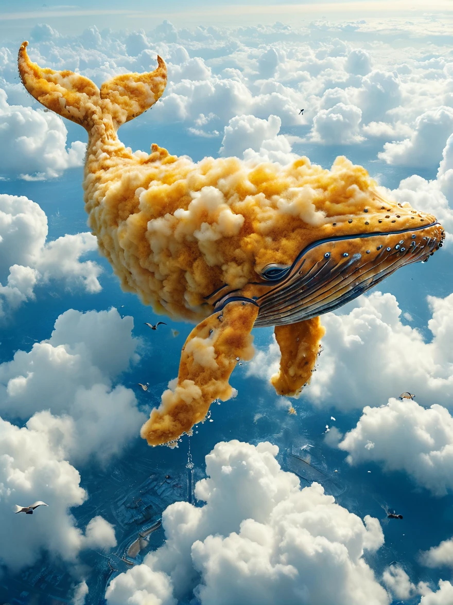 (((A colossal whale made of marshmallow-like white clouds))), (((whale's body entirely covered in fluffy white clouds))), (((soaring through the sky))), dreamy world, flying in the sky, iron towers on the ground, (bird's-eye view:1.3), (best quality, 8k, highres, masterpiece:1.2), ultra-detailed, (photo-realistic:1.4), sharp focus, vivid colors, ethereal atmosphere, soft lighting, magical, surreal
