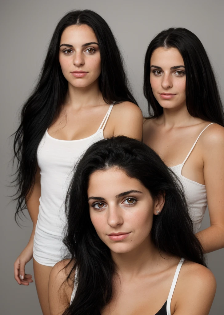 A young Italian and Latina woman with long black hair, taken with a studio camera, seen from the front, who does not smile and expresses no emotions, the background is entirely white