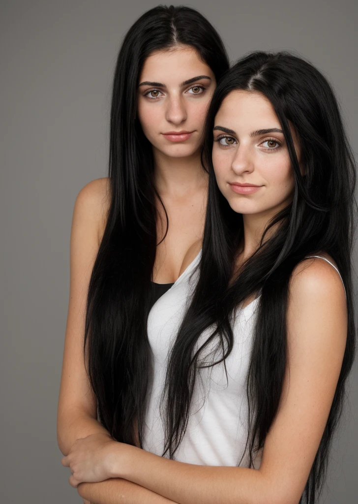 A young Italian and Latina woman with long black hair, taken with a studio camera, seen from the front, who does not smile and expresses no emotions, the background is entirely white